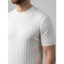 Velmora Fashion Erkek Yazlık Triko Dokuma Tişört Kısa Kol Bisiklet Yaka Örgü Desenli T-Shirt - Beyaz