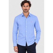Erkek Klasik Yaka Düğmeli Çizgili Desen Gömlek U008042 Mavi