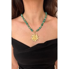 Suerte Accessories Çelik Lotus Çiçeği Uçlu Yeşil Akik Doğal Taş El Yapımı Özel Tasarım Doğaltaş Kadın Kolye