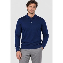 Made In Italy Erkek Düğmeli Polo Yaka %100 Yün Triko Kazak U008190 Lacivert