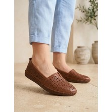 Beren Hakiki Deri Taba Kadın Babet Ortopedik Taban Lazer Delikli Slip-On Comfort Ayakkabı