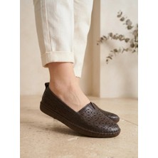 Beren Hakiki Deri Kahverengi Kadın Babet Ortopedik Taban Lazer Delikli Slip-On Comfort Ayakkabı