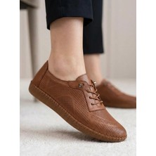 Beren Hakiki Deri Taba Kadın Yürüyüş  Ayakkabı Lazer Delikli Ortopedik Taban Elastik Bağcıklı Comfort Sneaker