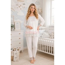 Quilling Ekru Renkli, Dantel Detaylı, 33203 Uzun Kol, 2 Parça Lohusa Hamile Pijama Takımı