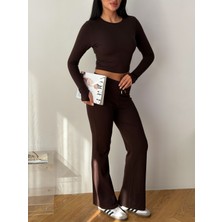 Dut Store Pamuklu Bisiklet Yaka Crop Üst Ispanyol Paça Eşofman Takımı Kahverengi