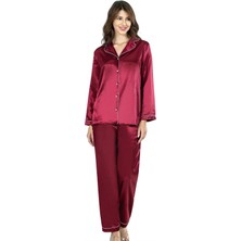 TKÇ Şık Tasarım Yumuşak Dokulu Biyeli Önden Düğmeli Bordo Ikili Saten Gecelik Pijama Takımı