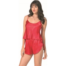 TKÇ Şık Tasarım Yumuşak Dokulu Kırmızı Saten Babydoll Şort Takımı
