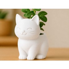 Bin1çeşit 3D Baskı Sevimli Kedi Saksı - Figürlü Sukulent Saksısı-Beyaz