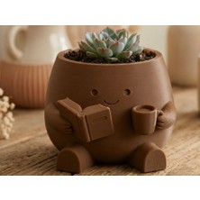 Bin1çeşit 3D Baskı Kitap Okuyan Saksı - Kupa Tutan Sevimli Saksı-Kahverengi