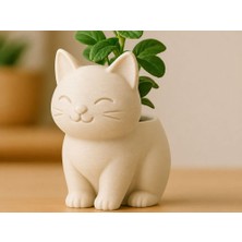 Bin1çeşit 3D Baskı Sevimli Kedi Saksı - Figürlü Sukulent Saksısı-Bej