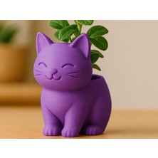 Bin1çeşit 3D Baskı Sevimli Kedi Saksı - Figürlü Sukulent Saksısı-Mor