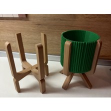 Bin1çeşit 3D Baskı Ayaklı Çizgili Saksı - Bej Standlı Dekoratif Saksı - Yeşil