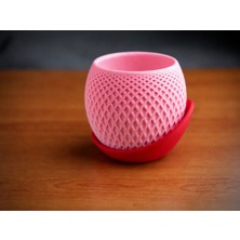 Bin1çeşit 3D Baskı Küre Saksı - Kafes Dokulu Iki Parçalı Dekoratif Saksı - Pembe-Kırmızı