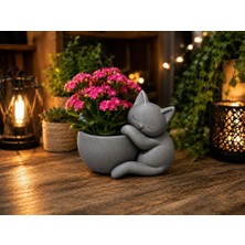 Bin1çeşit 3D Baskı Sarılan Kedi Saksı - Sevimli Dekoratif Saksı - Gri