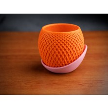 Bin1çeşit 3D Baskı Küre Saksı - Kafes Dokulu Iki Parçalı Dekoratif Saksı - Turuncu-Pembe