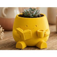 Bin1çeşit 3D Baskı Kitap Okuyan Saksı - Kupa Tutan Sevimli Saksı-Sarı