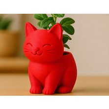 Bin1çeşit 3D Baskı Sevimli Kedi Saksı - Figürlü Sukulent Saksısı-Kırmızı