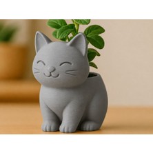 Bin1çeşit 3D Baskı Sevimli Kedi Saksı - Figürlü Sukulent Saksısı-Gri