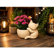 Bin1çeşit 3D Baskı Sarılan Kedi Saksı - Sevimli Dekoratif Saksı - Bej
