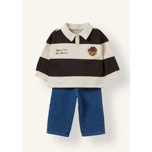 DeFacto %100 Pamuk Çizgili Polo Yaka Ayı Desenli Sweatshirt ve Pantolon 2'li Takım Erkek Bebek I3307A526WN