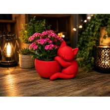 Bin1çeşit 3D Baskı Sarılan Kedi Saksı - Sevimli Dekoratif Saksı - Kırmızı