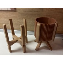 Bin1çeşit 3D Baskı Ayaklı Çizgili Saksı - Bej Standlı Dekoratif Saksı - Kahverengi