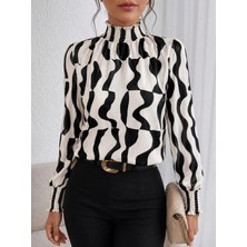 Defy Moda Kadın Uzun Kollu Balıkçı Yakalı Desenli Süprem Bluz
