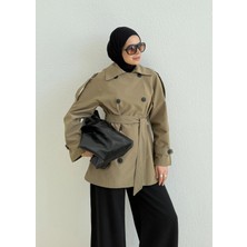 Moda Aksa NEW KUŞAKLI DİK YAKA TRENÇKOT YEŞİL