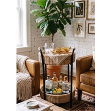 Rattan Ahşap 2 Katlı Yan Sehpa Servis Arabası Hasır Raf 66X41 cm