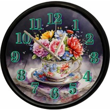 Caseras Çiçek Buketli Vintage Fincan Tasarımlı Dekoratif Duvar Saati 28 cm Sessiz Mekanizma