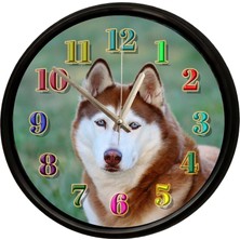 Caseras Sibirya Kurdu Husky Tasarımlı Dekoratif Duvar Saati 28 cm Sessiz Mekanizma