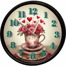 Caseras Kalp ve Gül Buketi Tasarımlı Vintage Fincan Dekoratif Duvar Saati 28 cm Sessiz Mekanizma