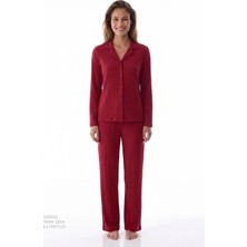 Penti Bordo Lana Fitilli Uzun Kollu Gömlek Pantolon Pijama Takımı