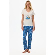 Penti Mavi Pajamas Only Aksesuar Desenli Pantolon Kısa Kollu Pijama Takımı