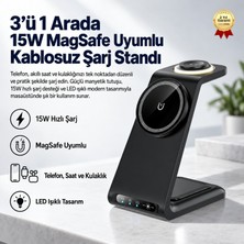 Hızlı Store 3'ü 1 Arada 15W Magsafe Uyumlu Kablosuz Şarj Standı – Telefon, Akıllı Saat ve Kulaklık Şarj Istasyonu