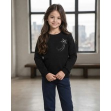 Alfa Kız Çocuk Siyah Taşlı Kol Taslı Sweatshirt