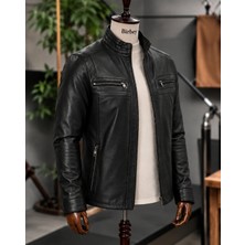 Moda Birbey Erkek Siyah Düz Fermuarlı Hakiki Kuzu Derisi Deri Ceket