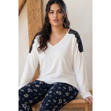 Siyah İnci Ekru Desenli Büyük Beden Battal Boy Viskon Örme Pijama Takım 26224809
