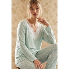 Siyah İnci Yeşil Desenli V Yaka Dantelli Viskon Örme Pijama Takım 26224642
