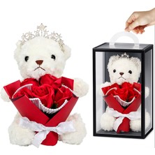 Süsle Bebek ve Parti Pvc Kutulu,pelüş Ayıcıklı ve Metal Taçlı Çiçek Buketi 28CMX18CM