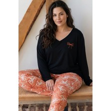 Siyah İnci Desenli Nakışlı Büyük Beden Battal Boy Viskon Örme Pijama Takım 26224832