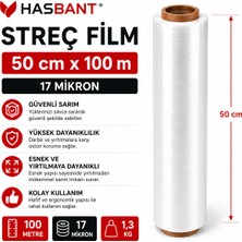 HASBANT Streç Film Şeffaf 50 cm 100 M - 17 Mikron - 1,3 kg - Taşınma ve Paketleme Için