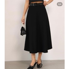 Moda Banuş Siyah Kloş Ara Boy Midi Kemerli Scuba Etek