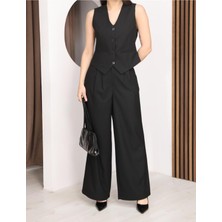 Moda Banuş Siyah Kadın Yelek & Pantolon Ikili Takım - Bol Paça