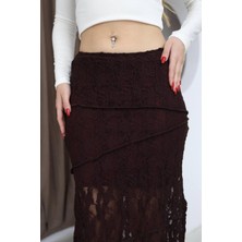 Moda Banuş Mürdüm Dantelli Uzun Astarlı Asimetrik Etek