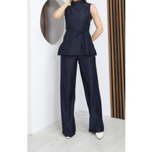 Moda Banuş Lacivert Kadife Hakim Yaka Takım Tunik Takım