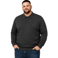 Battal Moda Erkek Büyük Beden Antrasit Düğmeli Polo Yaka Triko Kazak 3xl-4xl-5xl-6xl