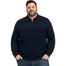 Battal Moda Erkek Büyük Beden Melanj Lacivert Atlas Polo Yaka Fermuarlı Triko Kazak 5xl-6xl-7xl-8xl