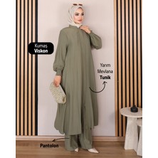 Moda Hayme Viskon Alt Üst Ikili Tesettür Takım Yarım Mevlana Tunik ve Pantolon Bir Arada Haki