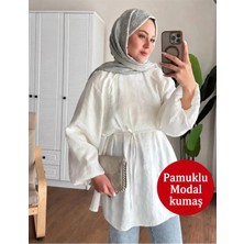 Moonsc Kadın Balon Kol Bel Bağlamalı Modal Kumaş Beyaz Tesettür Tunik Gömlek